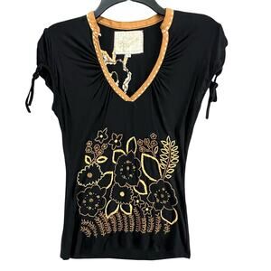 Soul Revival Top Womens S Black Tan Embroidered Leather Trim Western Boho Shirt
